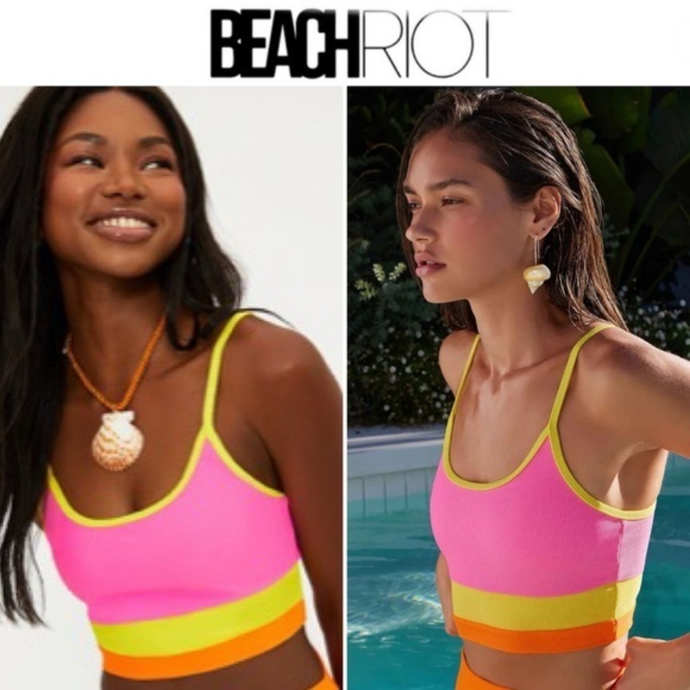 BEACH RIOT Eva Bikini Top Soleil Colorblock Bright Pink and Yellow Crop Top Sz L